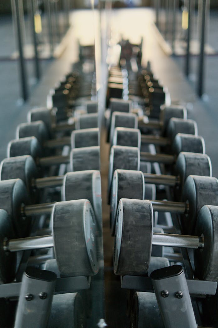 who-we-are Dumbbells neatly organized on a rack, perfectly mirrored, exemplifying modern gym equipment organization.